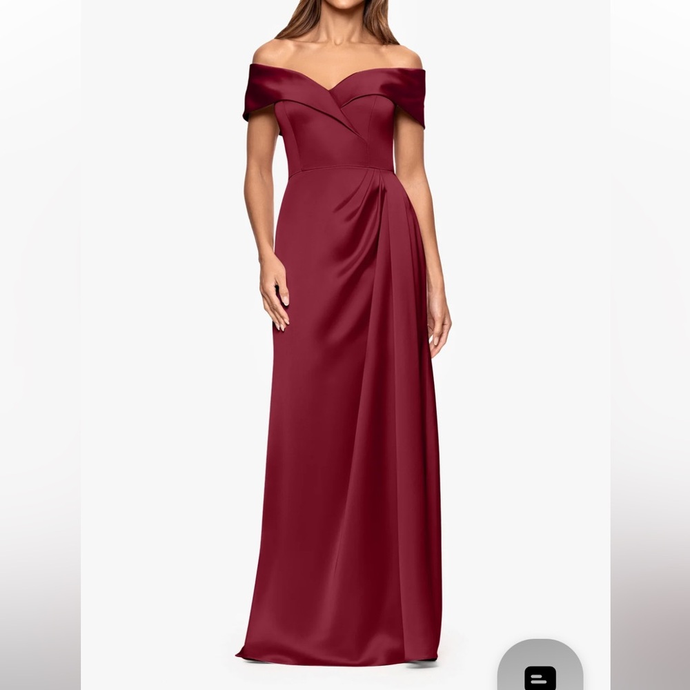 XSCAPE DALIAH" SATIN OFF THE SHOULDER FLOOR LENGTH WINE DRESS SIZE 12